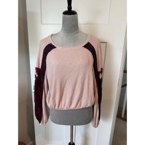 Free People Pink Waffle Knit Thermal Mixed Media Floral Balloon Sleeve Top XS